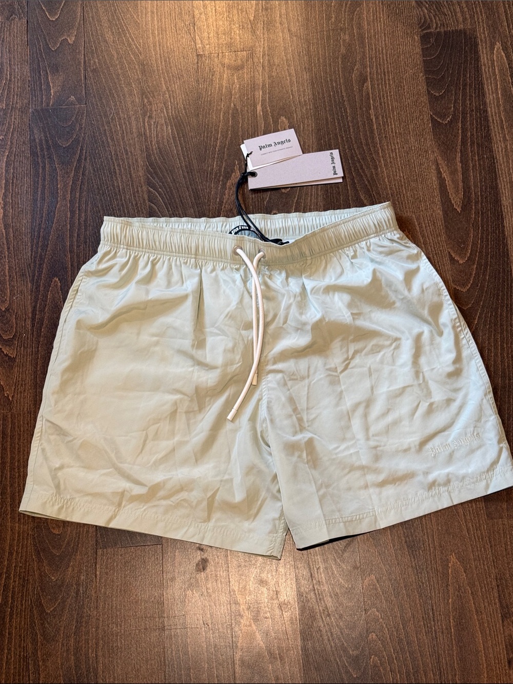 Palm Angels Cream Swim Shorts with White Drawstring